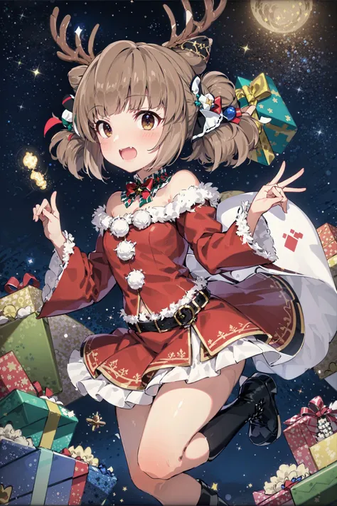 masterpiece, night, starry sky, in to the sky,
flying, present box, deer, 
cicho, corn hair bun, santa costume,
 <lora:gomaotsu-...