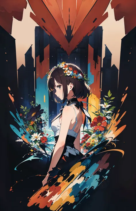 anime girl with flowers in her hair and a city in the background