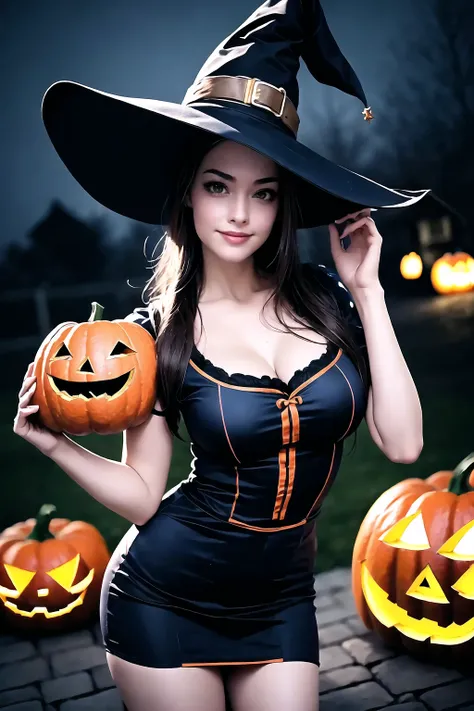 arafed woman in a witch costume holding a pumpkin