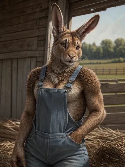 araffe in overalls standing in front of a barn with hay