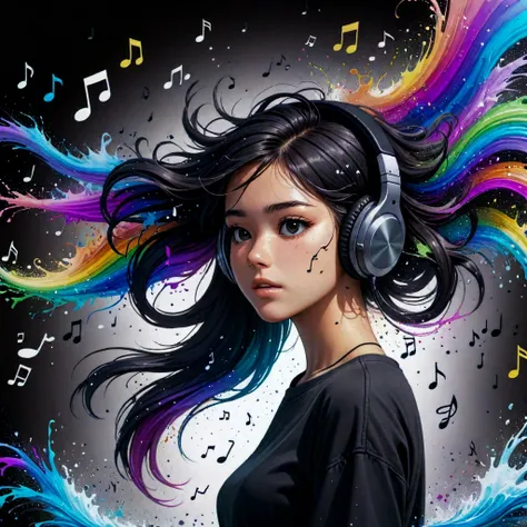 arafed image of a woman with headphones and music notes