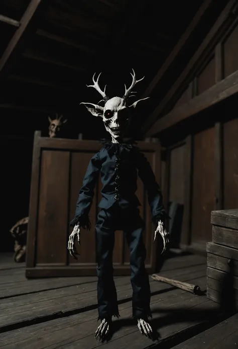 wendigo, haunted doll, creepy attic, old mansion, dark tones, inspired by the gothic horror genre