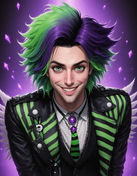 1boy, lawrence shoggoth, beetlejuice, alex brightman as beetlejuice, male focus, solo, heterochromia, purple eyes, green eyes, g...