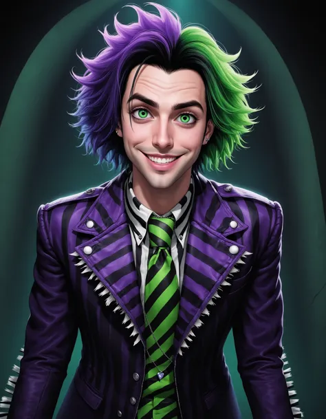 1boy, lawrence shoggoth, beetlejuice, alex brightman as beetlejuice, male focus, solo, heterochromia, purple eyes, green eyes, g...