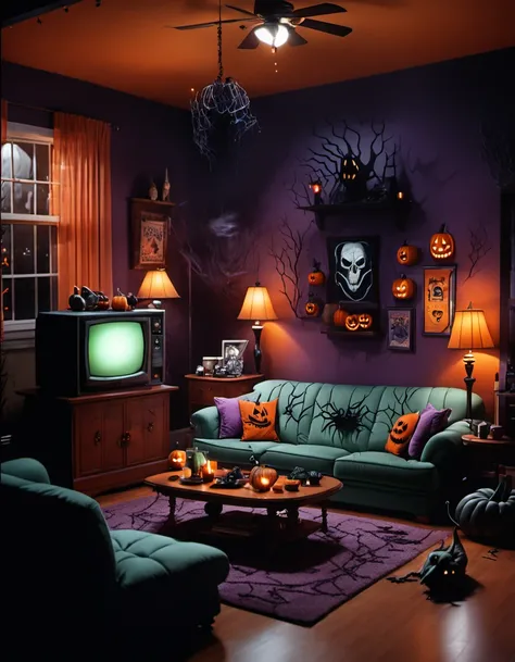 <lora:mystery_inc_backgroundsxl:1> a classic 1990s sitcom tv living room with 1990s style and colors decorated for halloween, dr...