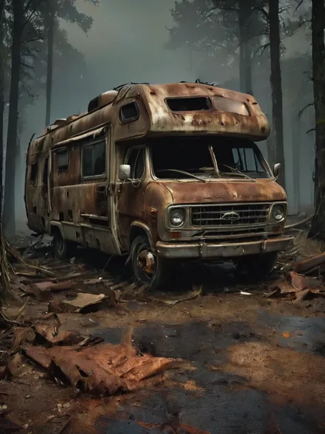 mkitdecy, panorama, fine-art, lowkey, nighttime, dark,  a rust ridden rv camper on a foggy and dusty night standing inside a bro...