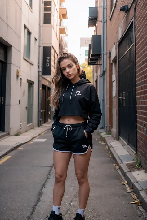 a woman wearing crop hoodie and track shorts, urban alleyway, (high key lighting:0.5) <lora:fic-gavincha:0.9>