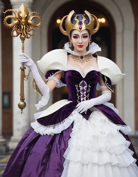 juuzaxl. upper body of a beautiful woman in dynamic pose with soft smile and makeup wearing a deep purple and white (queen-octop...