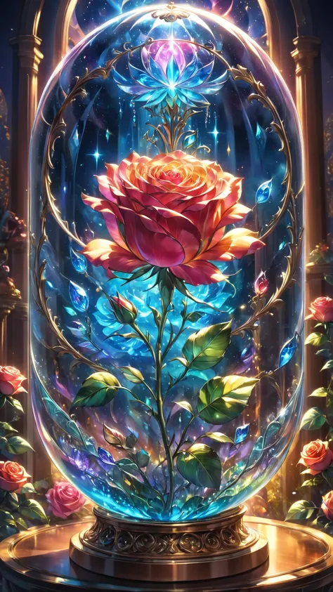 anime artwork letitflrsh, masterpiece, best quality, close up macro photo, sparkling magical fantasy glass dome tall rose, cente...