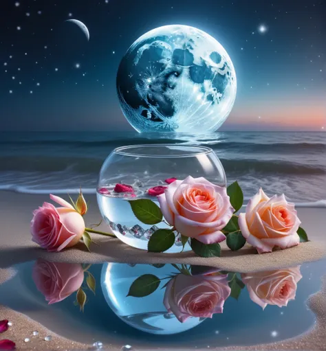 waning moon. flowers roses, stones transparent and diamond crystal in water, on the beach, fantasy, smoke , photo, hd, 8k ,