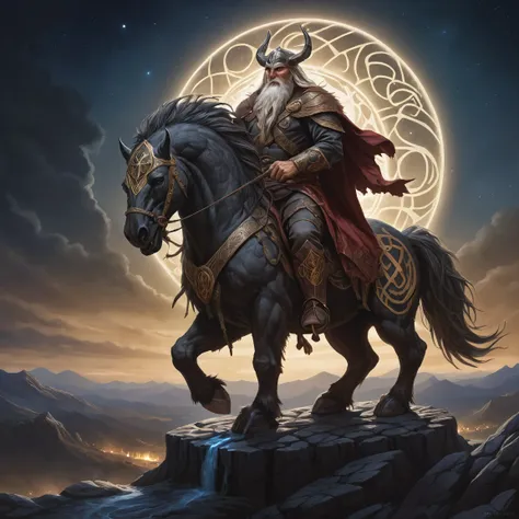 odin is riding sleipnir over bifröst epic artwork, runes detailed sky at night