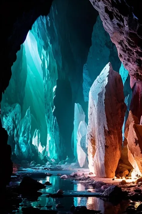 photograph, illustrious quality, solo, shiny, black background, (crystal room), still life, caves, limestone caves, glowing gems...