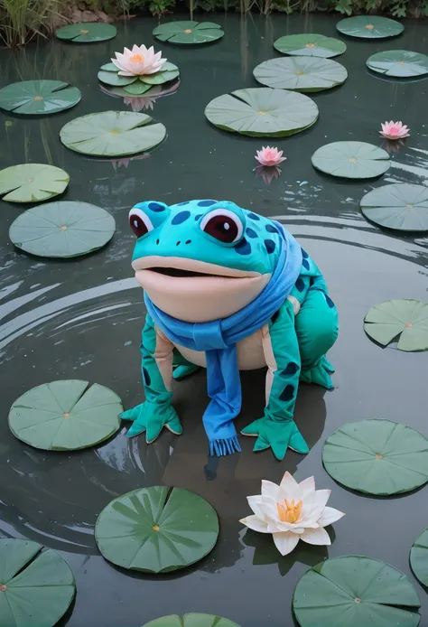 score_9,score_8_up,score_7_up,8k,hd,full body,,ruanyi0642,animal costume,blue scarf,frog,all fours,pond,lily pad,water lily flow...