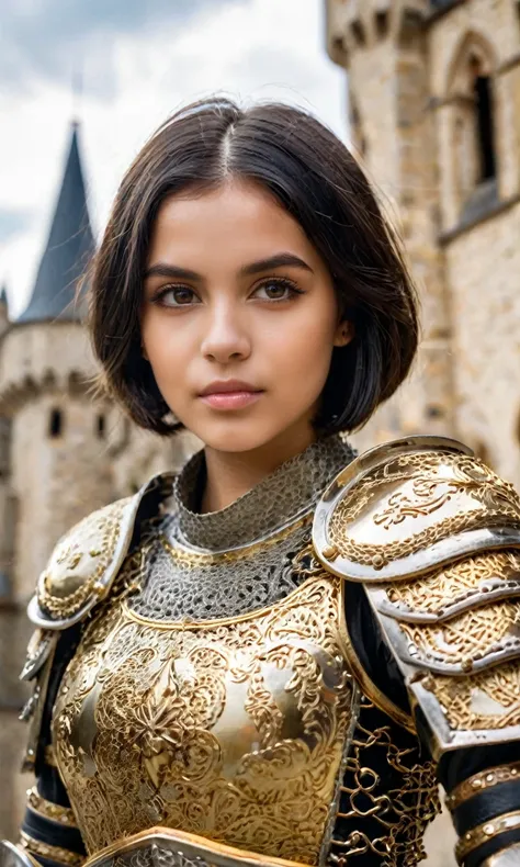 raw photo, fashion photography of cute (cute portrait of a romanian-girl), perfect bobbed black hair, in high detailed medieval ...