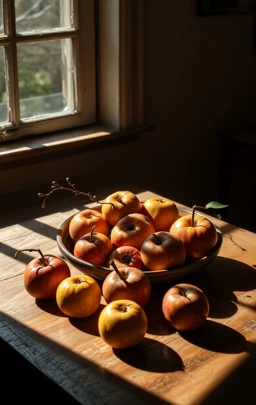 a still life with fruits on a wooden table, natural lighting from a window, pronounced shadows