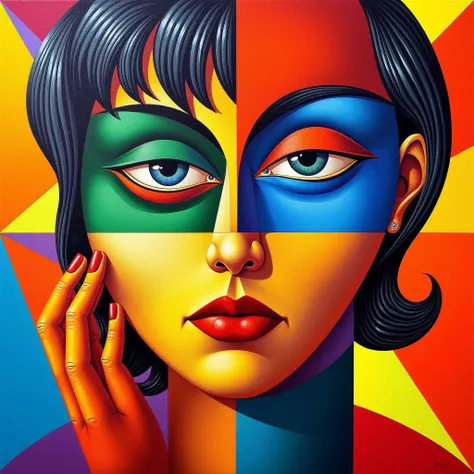 (kurasov:1.3) style color  illustration, abstract geometric art, intersecting lines, cubism, vibrant colors, grotesque proportio...