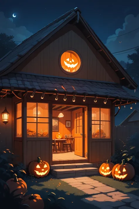 score_9, score_8_up, score_7_up, source_anime, rating_safe, night, natural lighting, straw hut focus, pumpkin, jack-o-lantern, p...