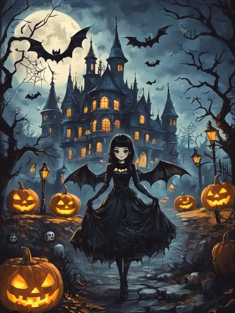 ,shengdanjie,1girl,solo,black hair,dress,wings,white background,smile,looking at viewer,black eyes,black dress,bangs,jack-o-lant...