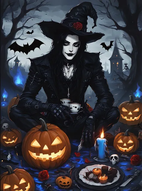 ,shengdanjie,jack-o'-lantern,bat \(animal\),black hair,knife,hat,pumpkin,solo,1boy,skull,halloween,rose,gothic,cup,tree,candle,f...