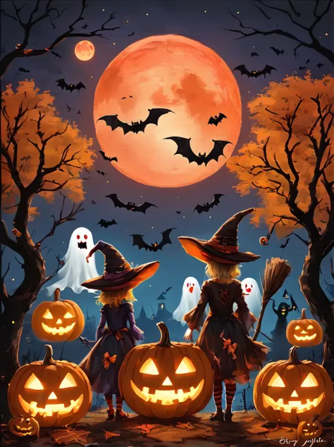 ,shengdanjie,multiple girls,jack-o-lantern,witch hat,hat,halloween,broom,moon,red moon,tree,blonde hair,pumpkin,bat (animal),bac...