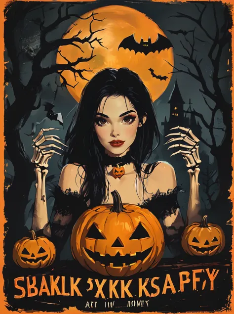 ,shengdanjie,1girl,bat \(animal\),solo,black hair,jack-o'-lantern,long hair,pumpkin,halloween,looking at viewer,(halloween poste...