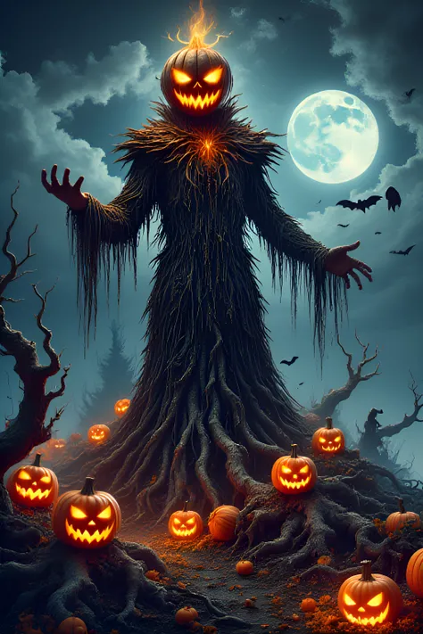 in a hauntingly enchanting landscape, the pumpkin king reigns supreme, his towering figure silhouetted against a moonlit sky. cl...