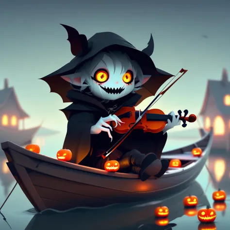 arthw24, violin, black cloak, pants, :d, stuffed toy, backlighting, glowing eyes, weapon, 6+others, fangs, sitting, cup, hallowe...