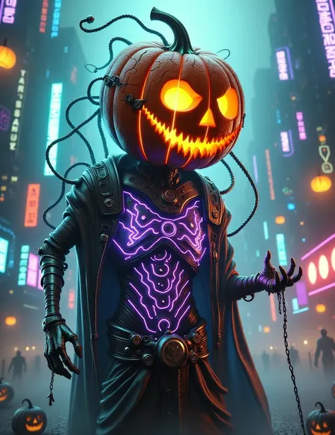 lxdhalloween, a cyberpunk robot with the head of an elder pumpkin, embodying both wisdom and high-tech design. the pumpkin head ...