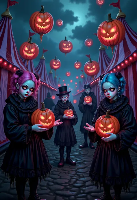 A pastel goth circus at twilight, where eerie clowns with soft, pastel-colored hair and black outfits juggle glowing jack-o-lan...