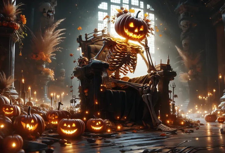 score_9, score_8_up, score_7_up, skel-o'-lantern, skeleton, jack-o'-lantern, no humans, sitting on throne, crossed_leg, hand_on_...