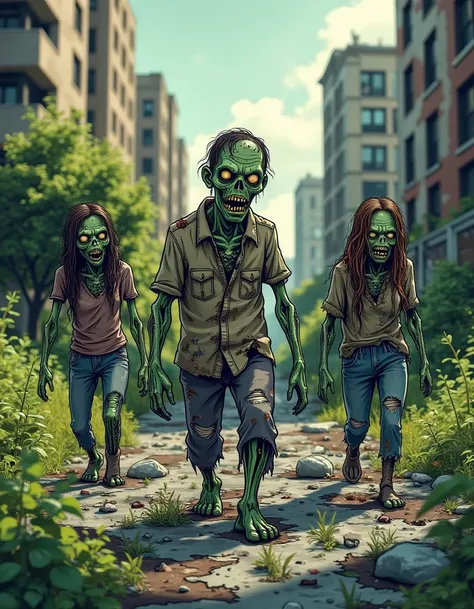 An comic illustration with ink outlines of a few evil cartoon zombies staggering aimlessly in the overgrown city. The zombies ar...