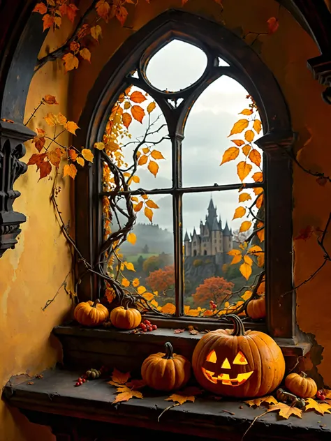A cinematic painting of a dark fantasy scene. A Gothic style window is adorned with autumn leaves in shades of orange and yellow...