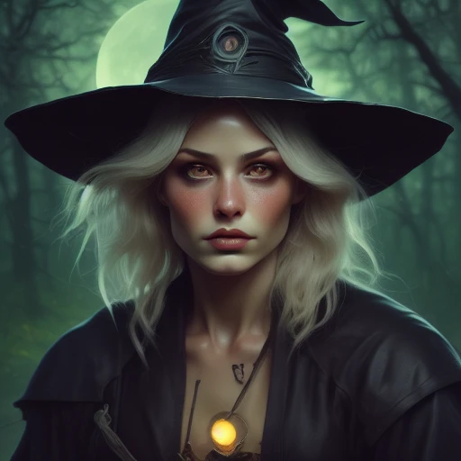 solo, looking at viewer, witch hat, blonde hair, moon, green eyes, blue headwear, lips, blue eyes, forest, fire