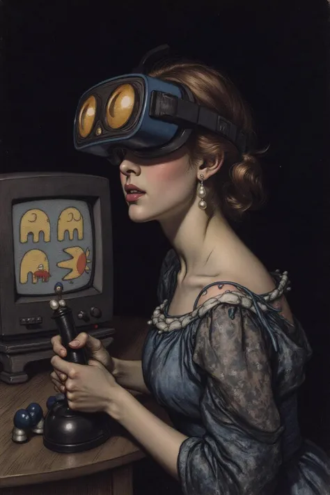 artrack1 illustration of a young woman turned slightly toward the viewer, she wears a deep blue vr headset with golden yellow le...