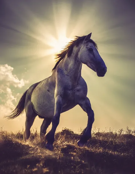 score_7_up, A stunning photograph of a horse trotting along a hilltop as the sun sets behind him, light rays streaming. The hors...