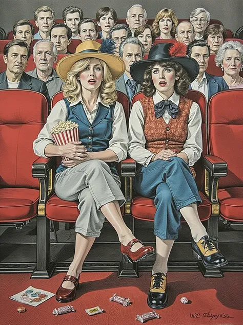 w1z_dreamy_vista style illustration. a retro-inspired color pencil drawing of two women sitting legs crossed in a crowded theate...