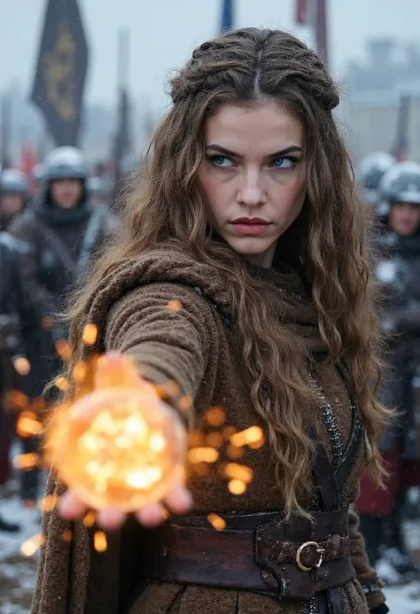 photograph of intensely focused viking woman warrior with curly hair hurling a burning meteorite from her hand towards the viewe...