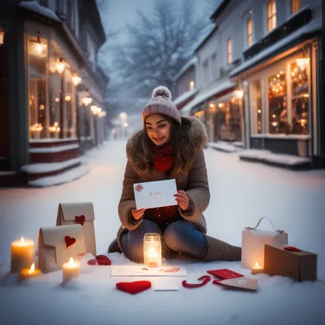 shop, 1girl, foot focus, envelope, spade (shape), snow, candlelight