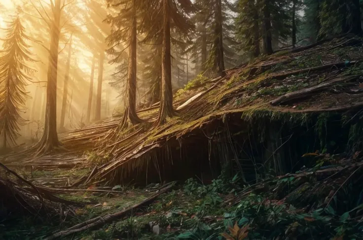 a close up of a forest with a fallen tree in the foreground