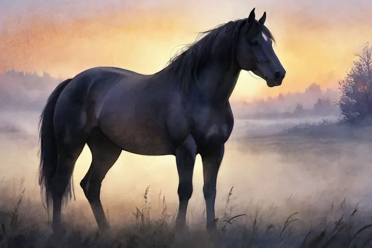 a black horse silhouette is grazing in a foggy field, a mystical misty glow, in volumetric soft glowing mist, ethereal mist, vol...