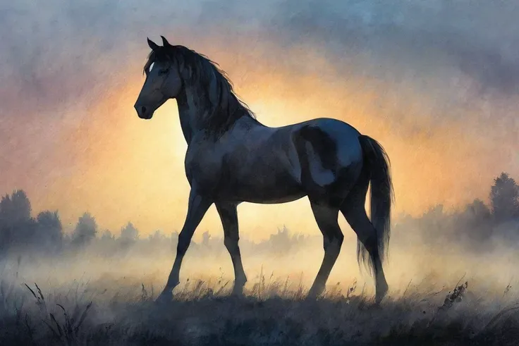 a black horse silhouette is grazing in a foggy field, a mystical misty glow, in volumetric soft glowing mist, ethereal mist, vol...