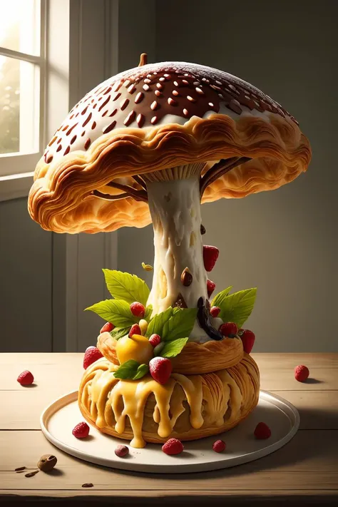 there is a cake with a mushroom on top of it