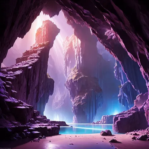 a close up of a cave with a body of water in it