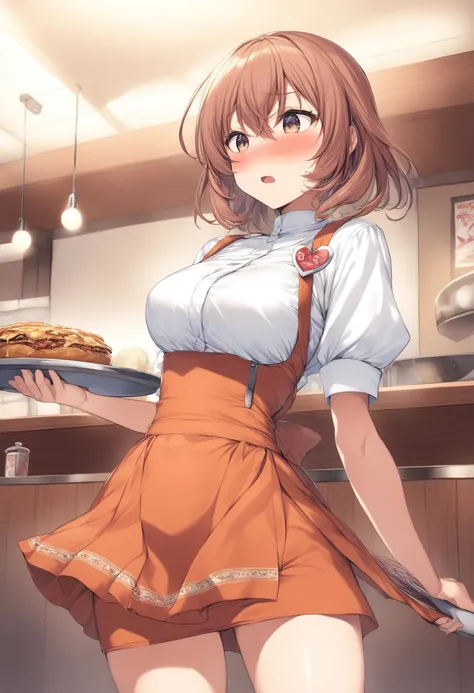 anime girl in a kitchen holding a plate of food