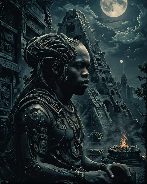 a poster of a man with dreadlocks sitting in front of a temple