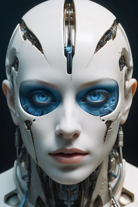 a close up of a woman with blue eyes and a robot head