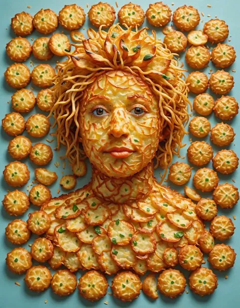 a woman made out of cheese and pasta with a face made out of it