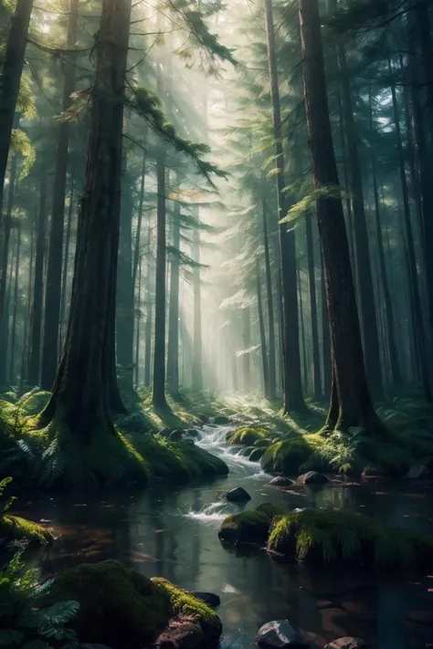 a stream running through a forest filled with lots of trees