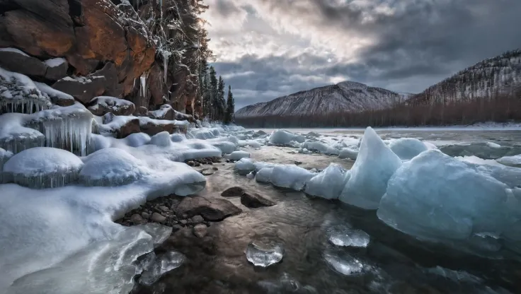 arafed view of a frozen lake with ice and rocks