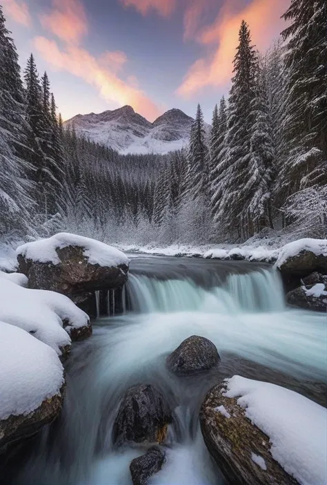 a river runs through a snowy forest with a mountain in the background